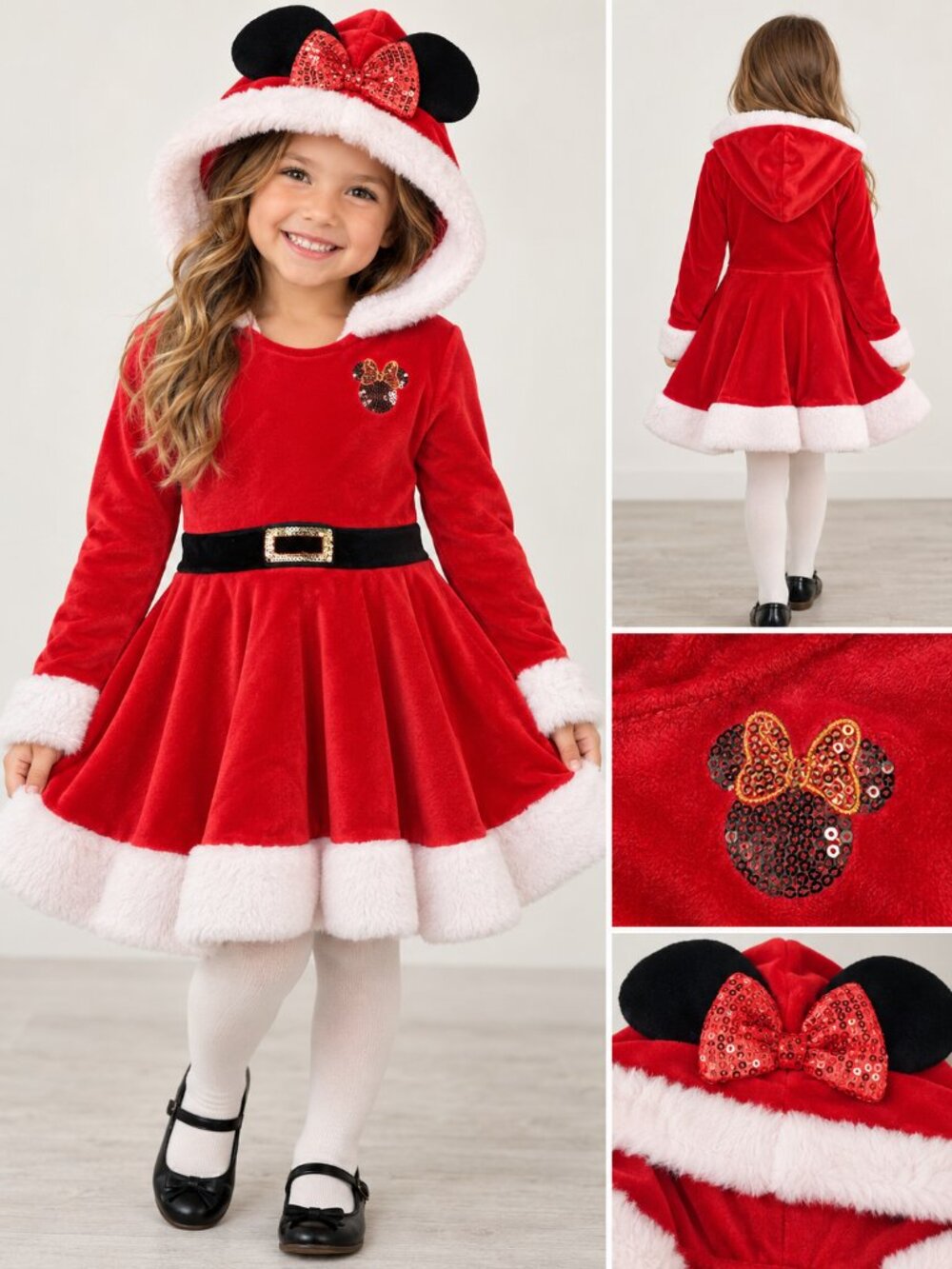 Disney Minnie Mouse Santa Christmas Velour Hooded Dress Size 6